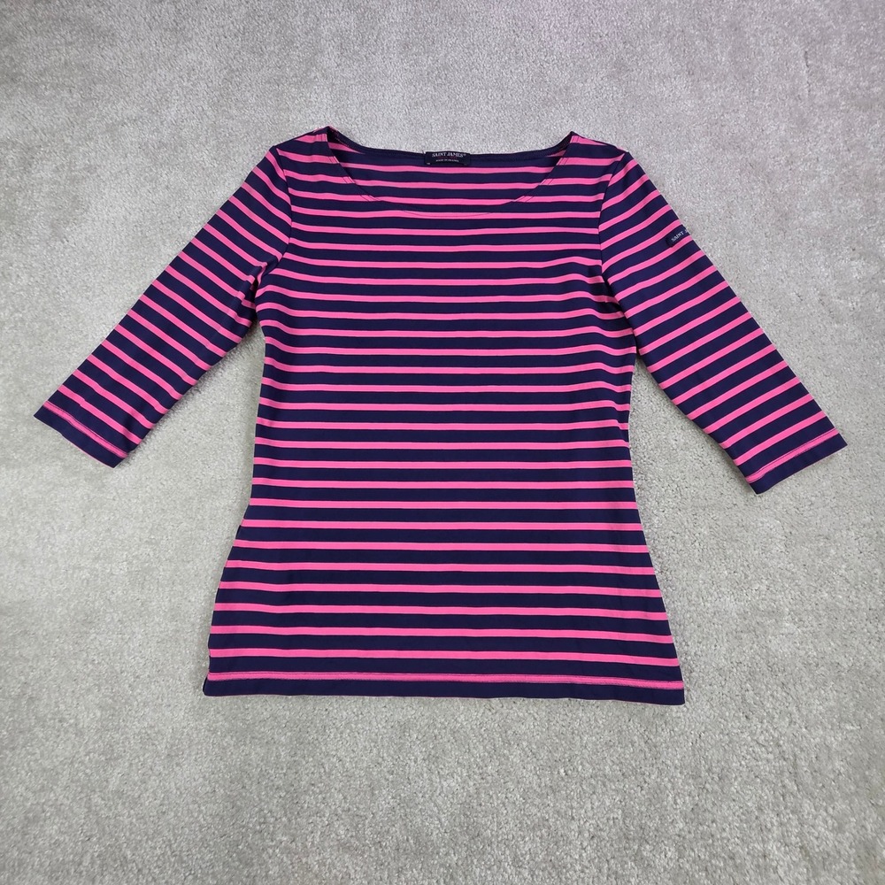Saint James Navy Pink Stripe Boat Neck 3/4 Sleeve Top Women's Size US 6‎